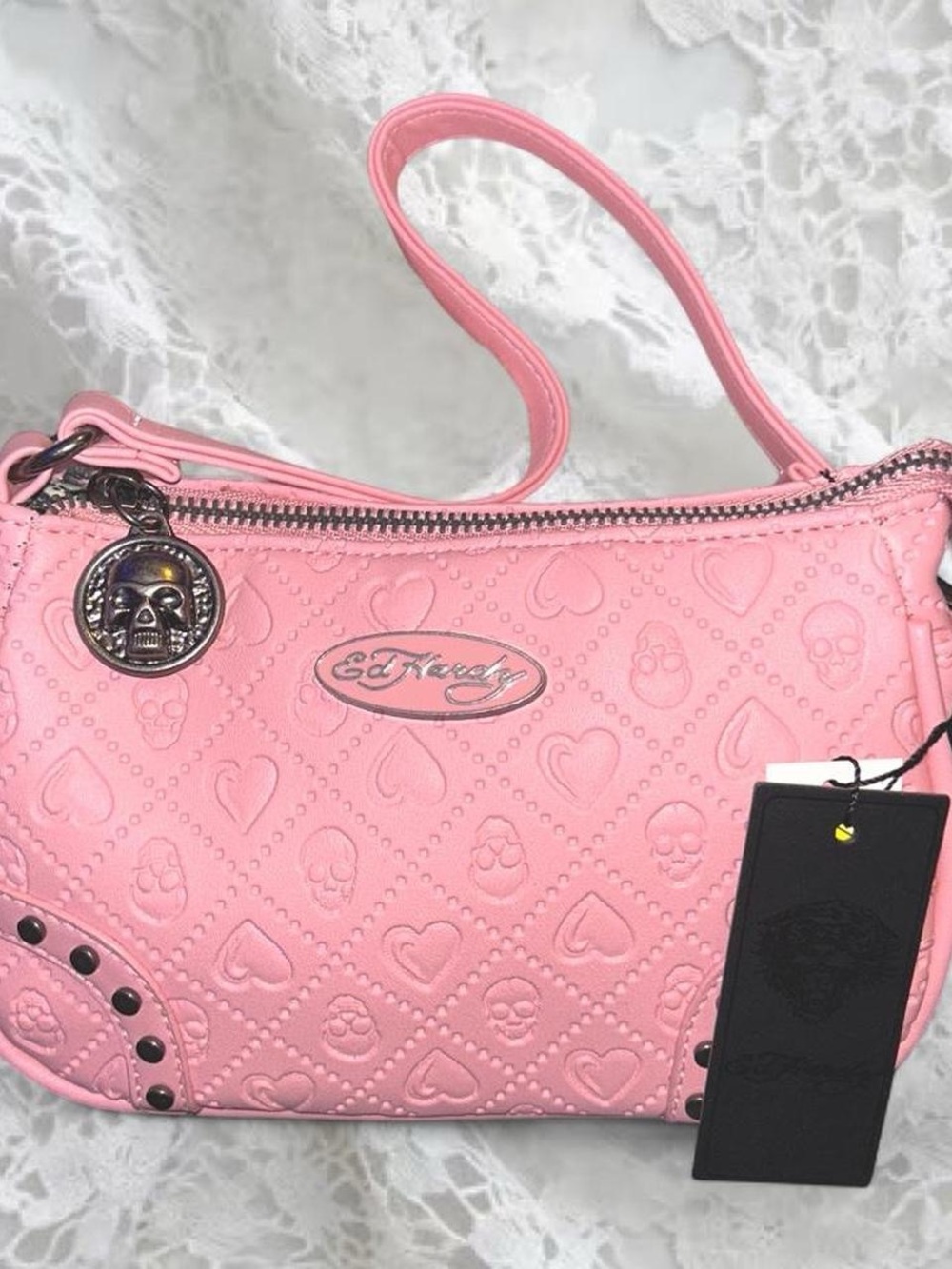 Ed Hardy Pink Baguette Bag with Embossed Skulls & Hearts ☠️💗